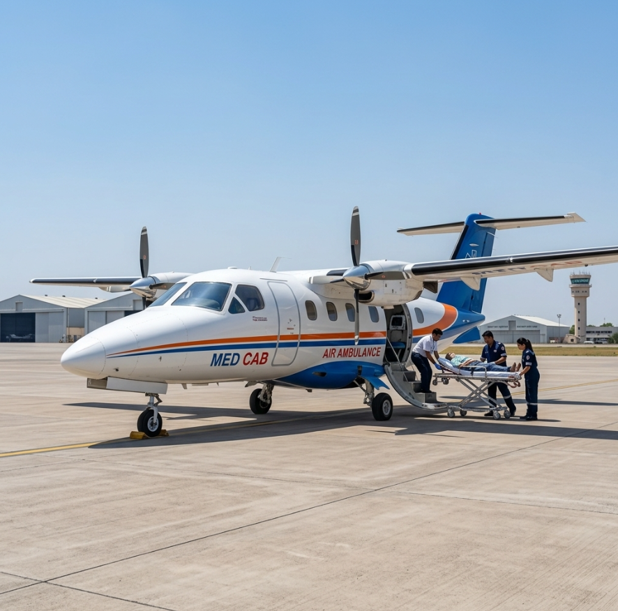 Med Cab air ambulance aircraft ready for patient transfer from Bengaluru airport