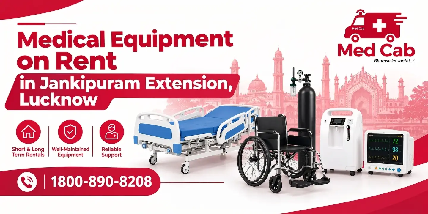 Med Cab banner shows medical equipment such as a hospital bed, a wheelchair, an oxygen cylinder, an oxygen concentrator, and a patient monitor, with the contact number 1800-890-8208. 