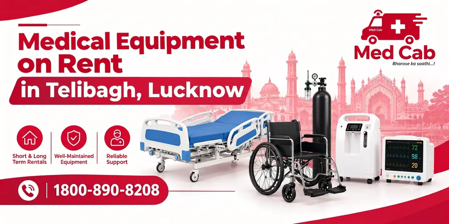 Med Cab banner shows medical equipment such as a hospital bed, a wheelchair, an oxygen cylinder, an oxygen concentrator, and a patient monitor, with the contact number 1800-890-8208. 