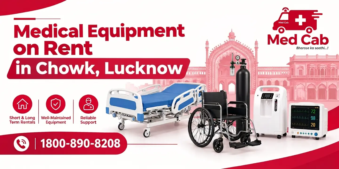 Med Cab banner shows medical equipment such as a hospital bed, a wheelchair, an oxygen cylinder, an oxygen concentrator, and a patient monitor, with the contact number 1800-890-8208. 