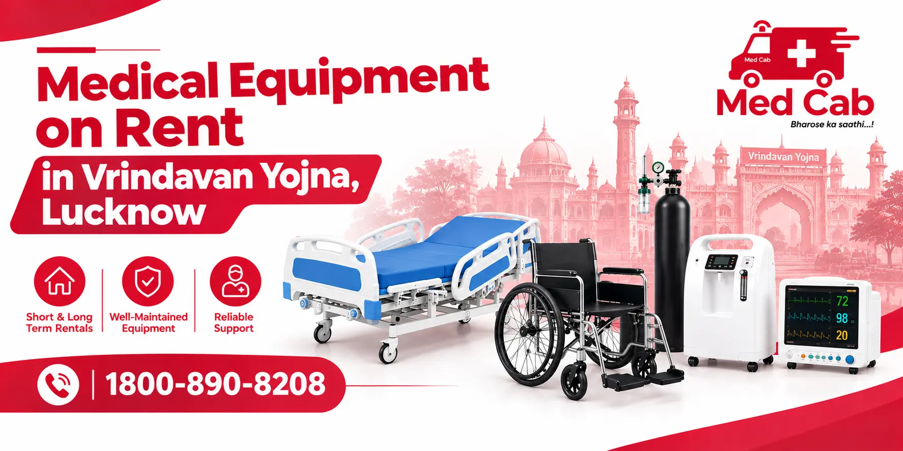 Med Cab banner shows medical equipment such as a hospital bed, a wheelchair, an oxygen cylinder, an oxygen concentrator, and a patient monitor, with the contact number 1800-890-8208. 