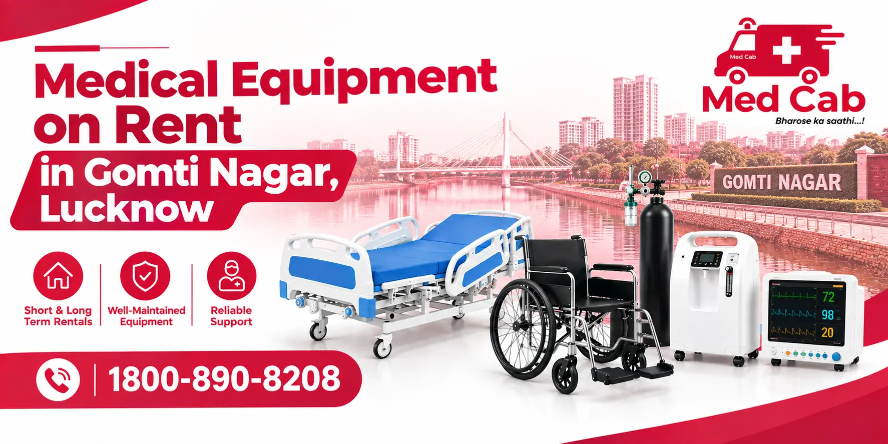 Med Cab banner shows medical equipment such as a hospital bed, a wheelchair, an oxygen cylinder, an oxygen concentrator, and a patient monitor, with the contact number 1800-890-8208. 