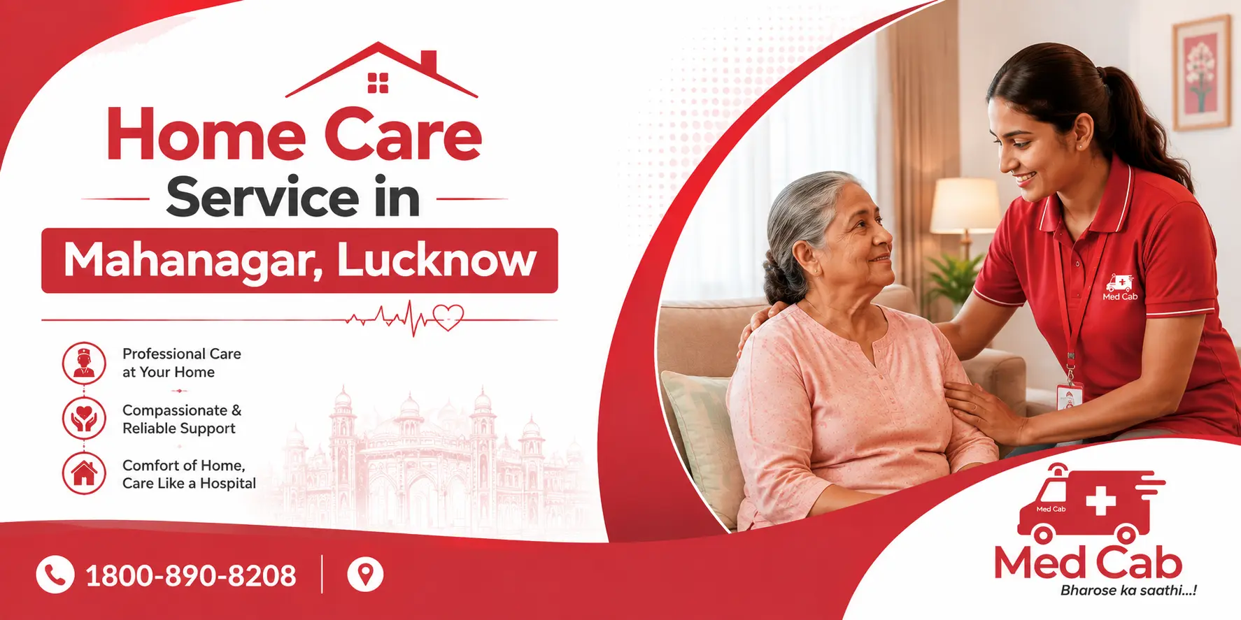 Med Cab home care service in Mahanagar, Lucknow, featuring a caregiver assisting an elderly woman at home.