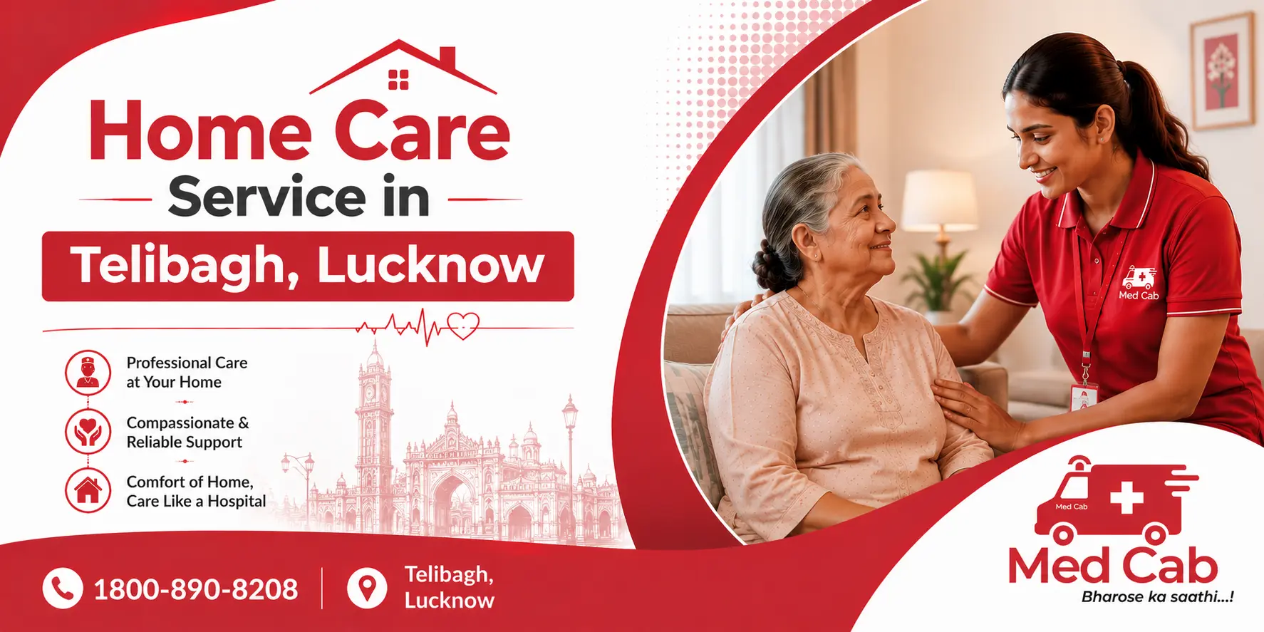 Med Cab home care service in Telibagh, Lucknow, featuring a caregiver assisting an elderly woman at home.