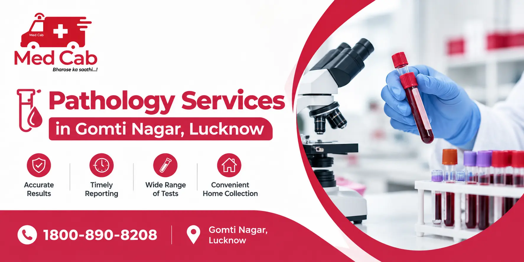 Pathology Services in Gomti Nagar, Lucknow with Med Cab branding and laboratory testing imagery.