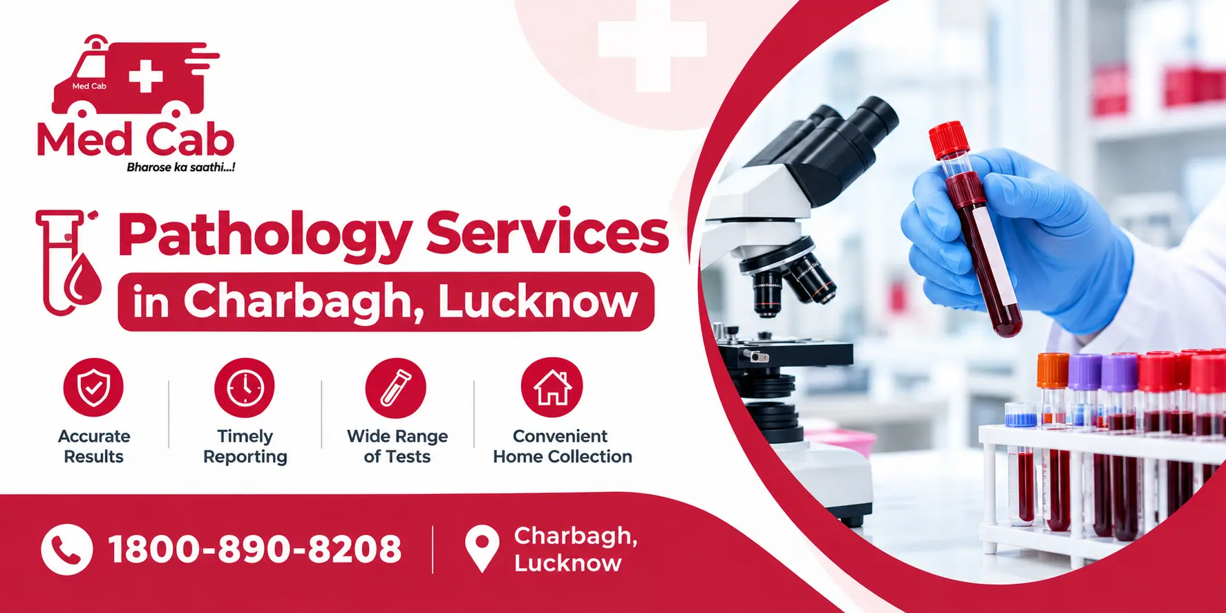 Pathology Services in Gomti Nagar, Lucknow with Med Cab branding and laboratory testing imagery.