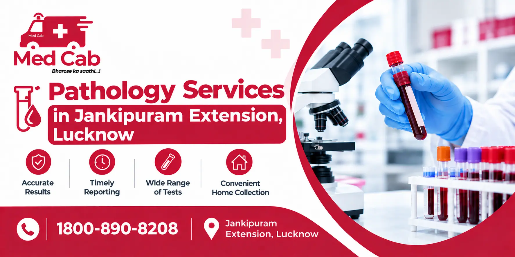 Pathology Services in Jankipuram Extension, Lucknow with Med Cab branding and laboratory testing imagery.