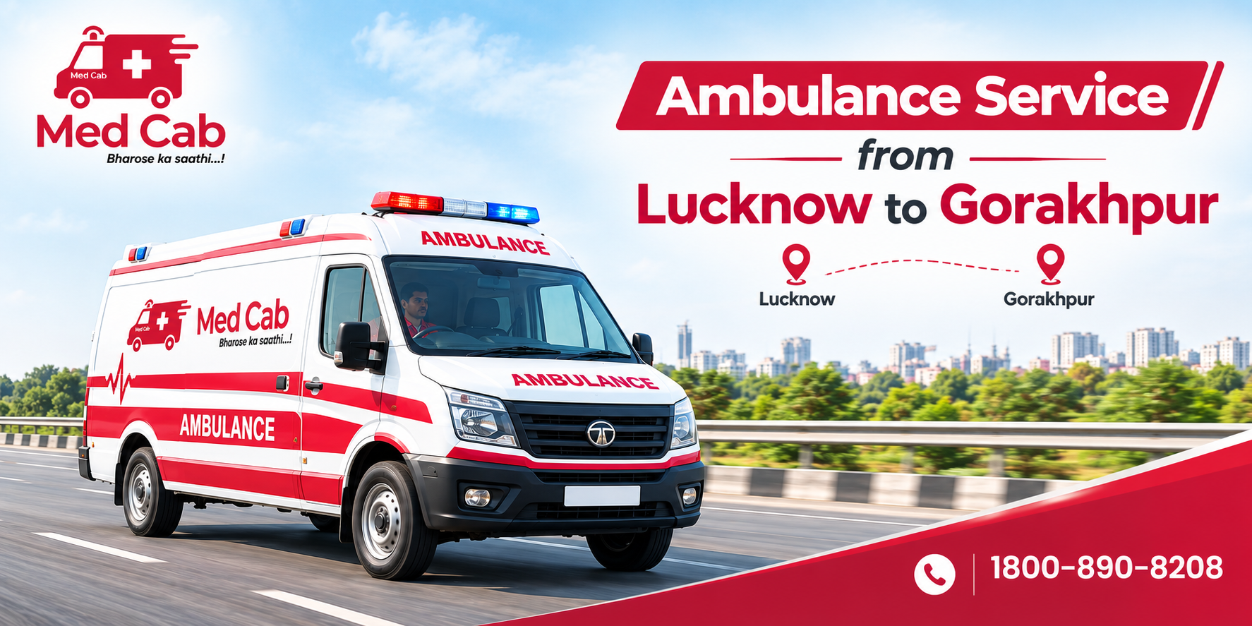 Med Cab banner shows Ambulance Service from Lucknow to Gorakhpur. Image