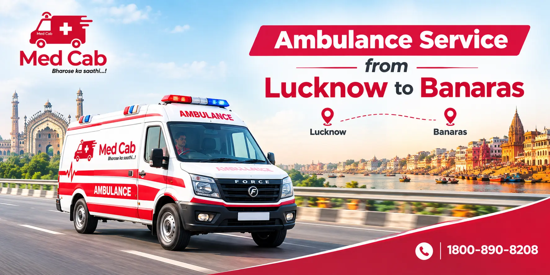 Med Cab banner shows Ambulance Service from Lucknow to Banaras with toll-free 1800-890-8208. Image
