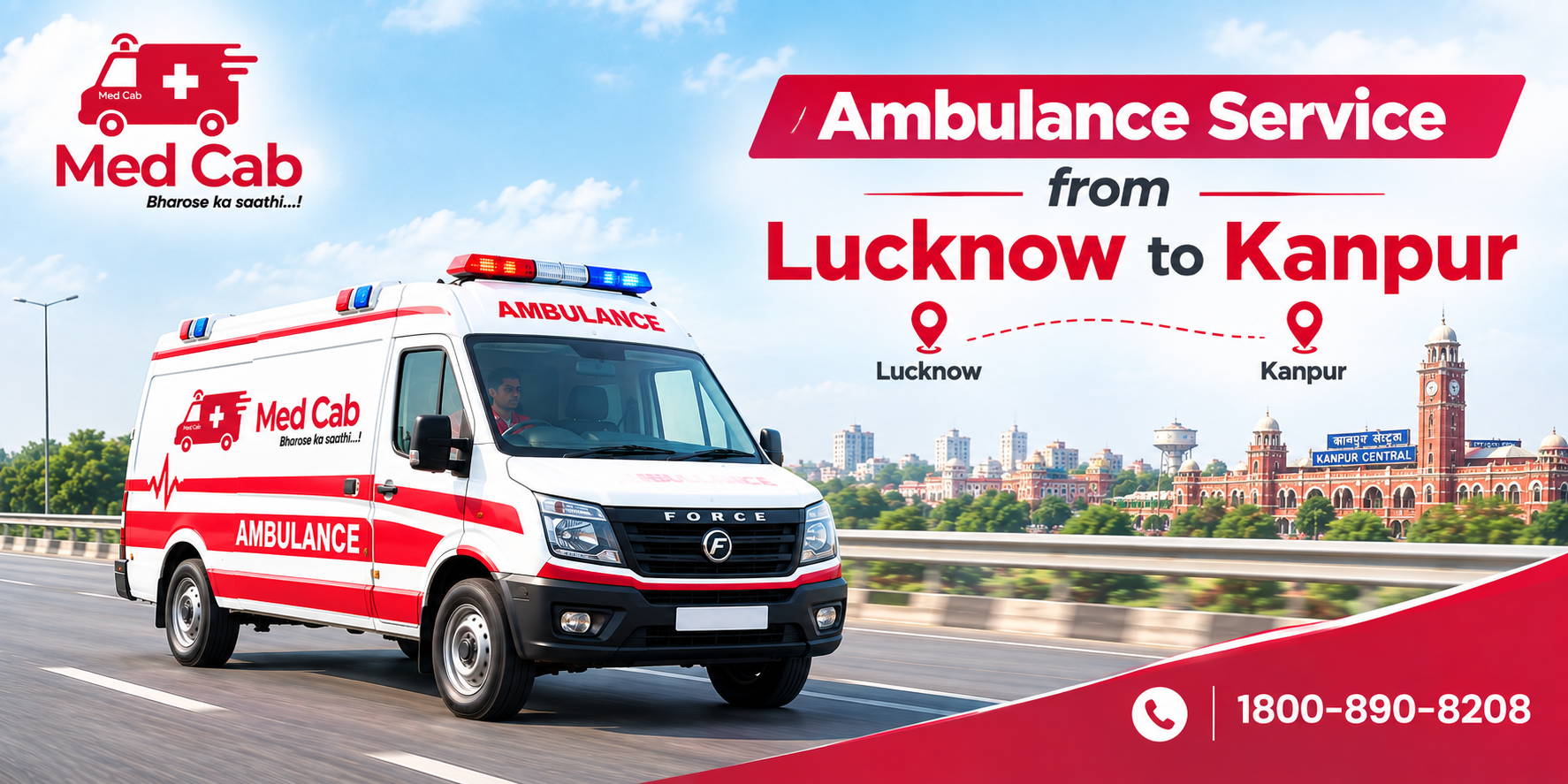 Med Cab banner shows Ambulance Service from Lucknow to Kanpur. Image