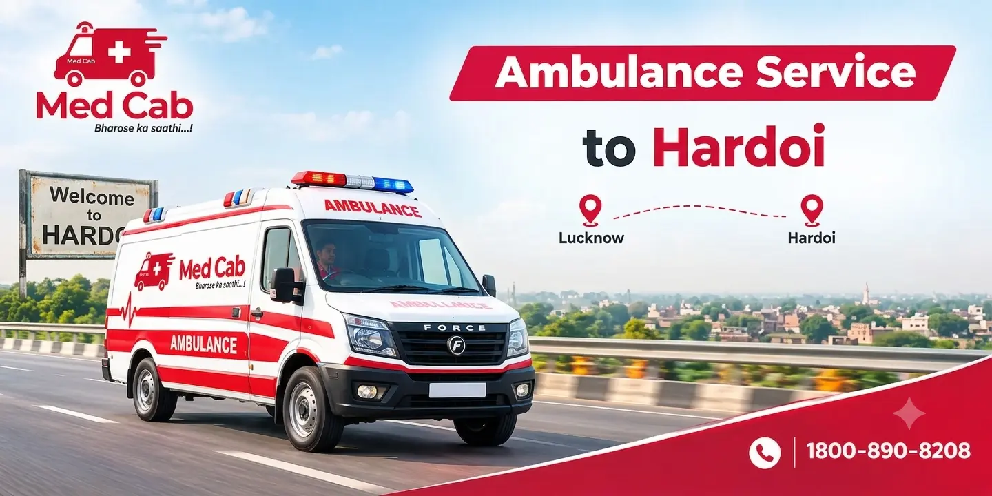 Med Cab banner shows Ambulance Service from Lucknow to Hardoi. Image