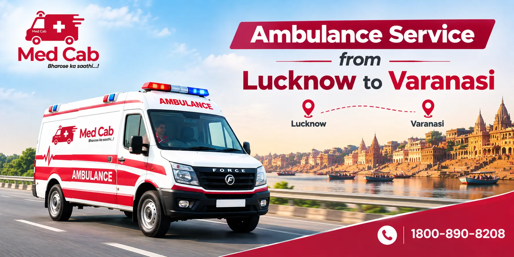 Med Cab banner shows Ambulance Service from Lucknow to Varanasi with toll-free 1800-890-8208. Image