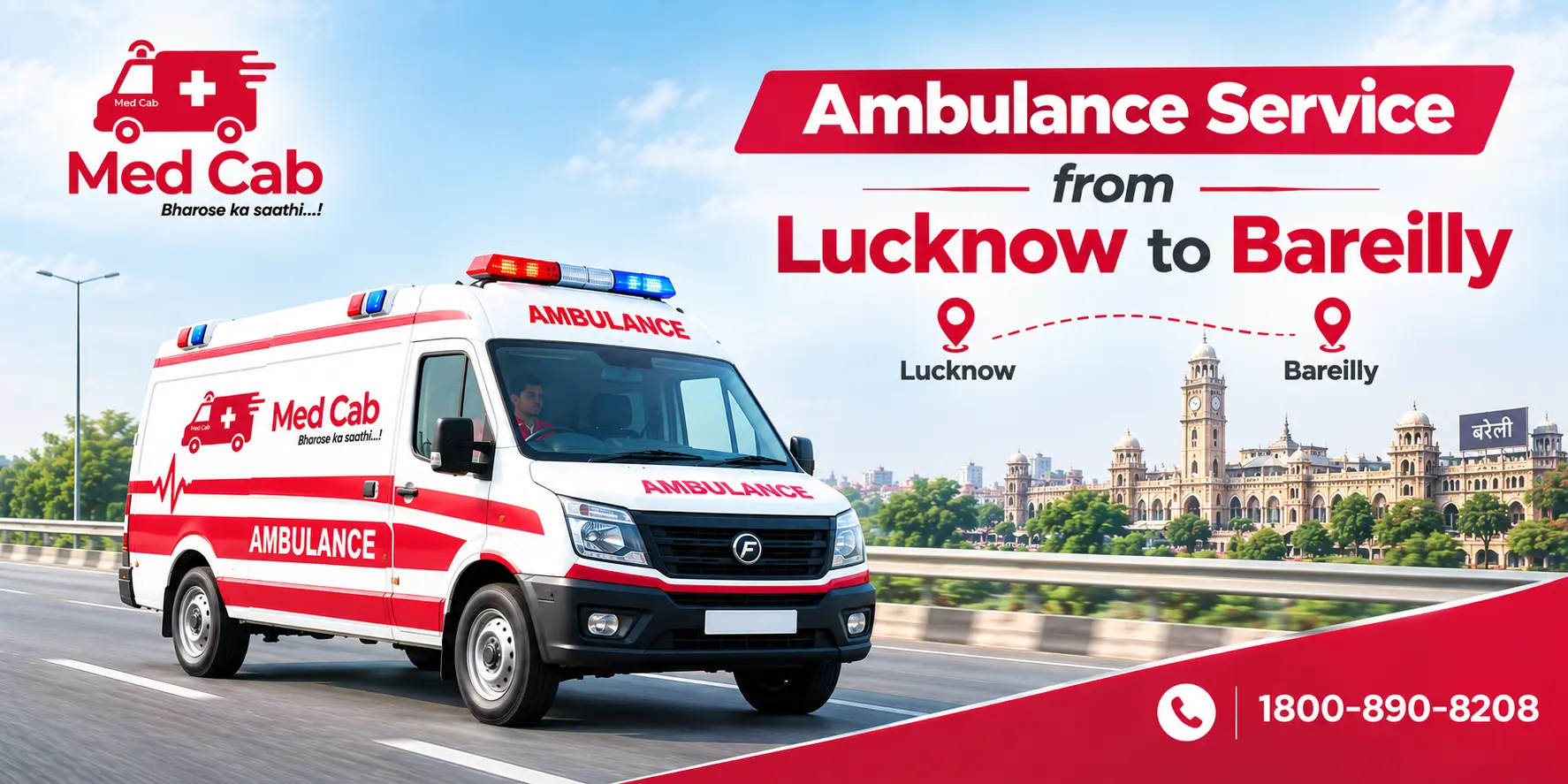 Med Cab banner shows Ambulance Service from Lucknow to Bareilly. Image