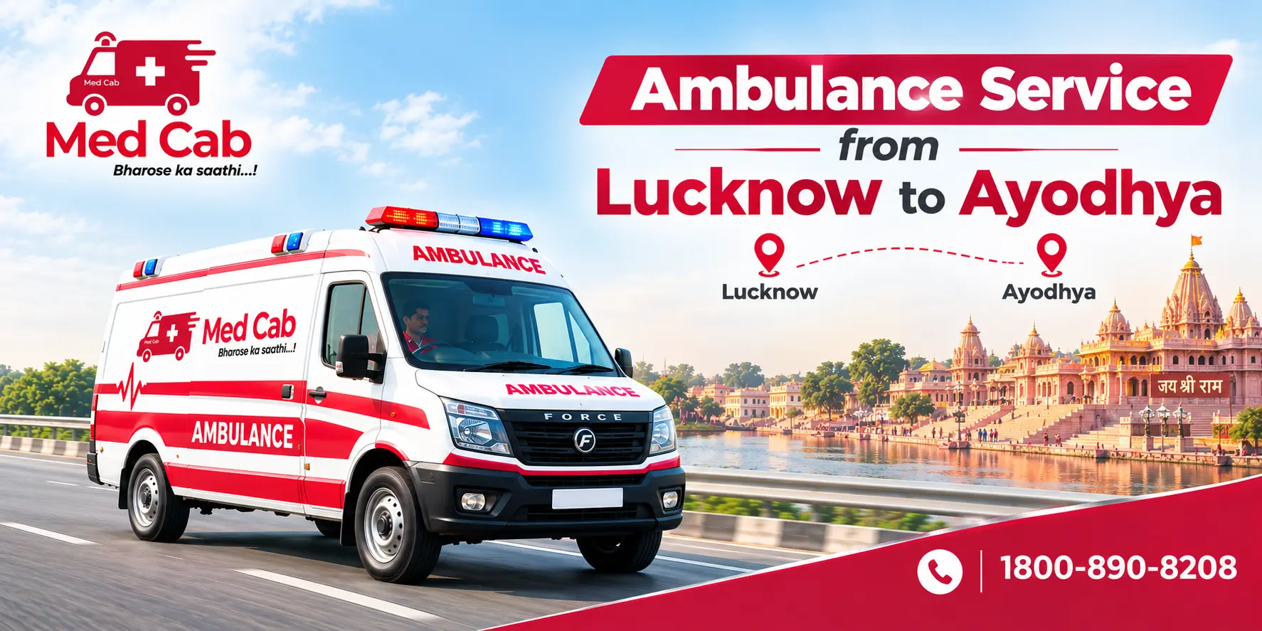 Med Cab banner shows Ambulance Service from Lucknow to Ayodhya. Image
