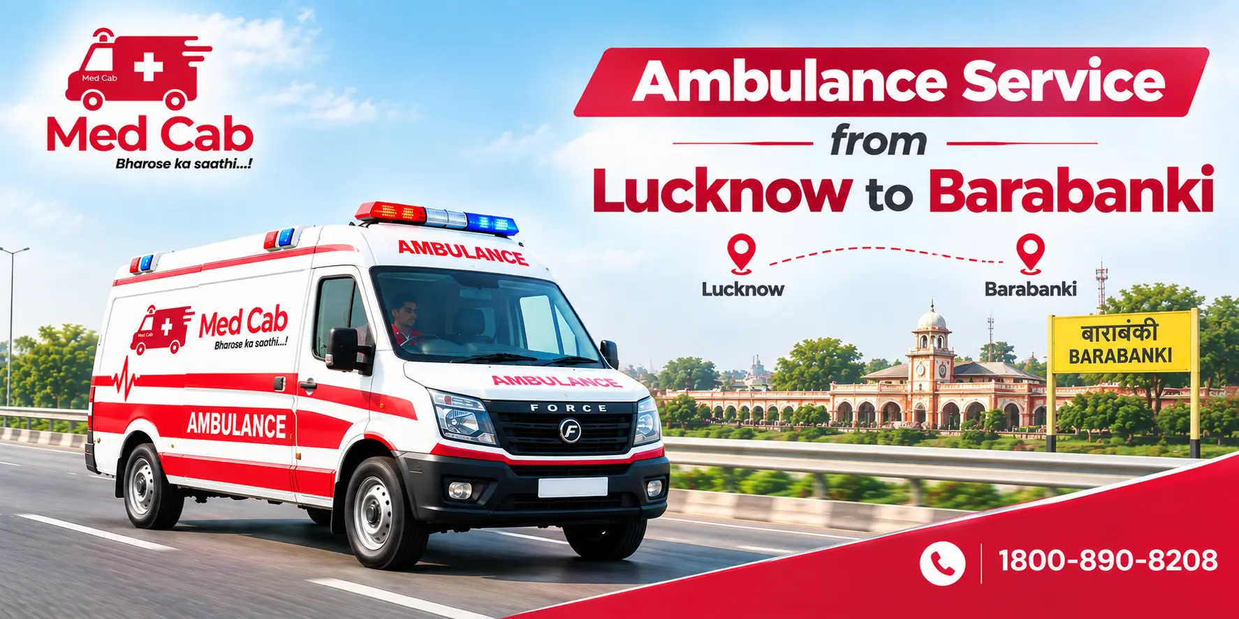 Med Cab banner shows Ambulance Service from Lucknow to Barabanki. Image