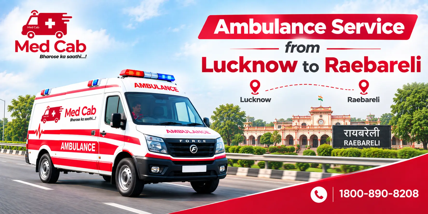 Med Cab banner shows Ambulance Service from Lucknow to Raebareli. Image