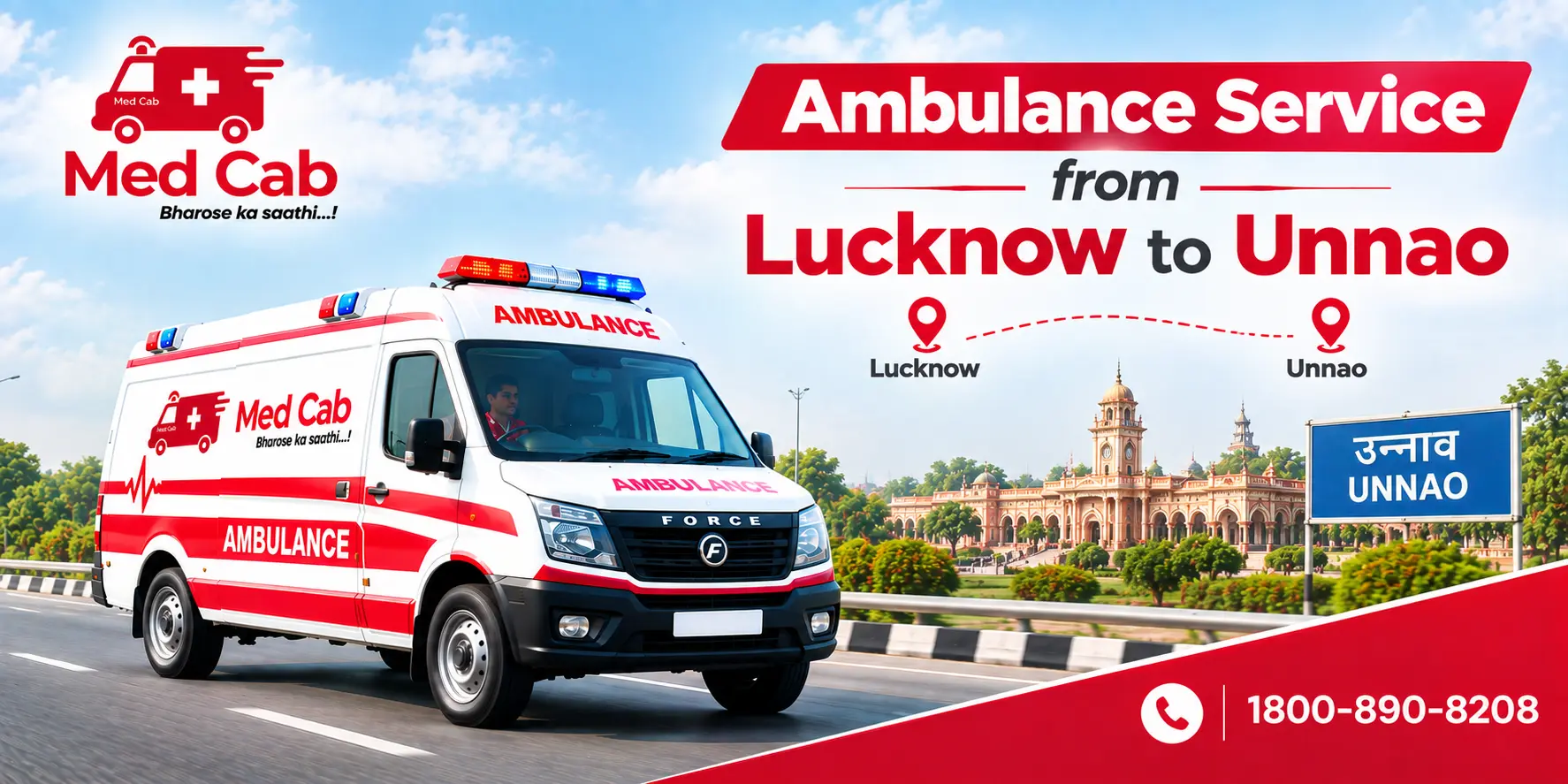 Med Cab banner shows Ambulance Service from Lucknow to Unnao. Image