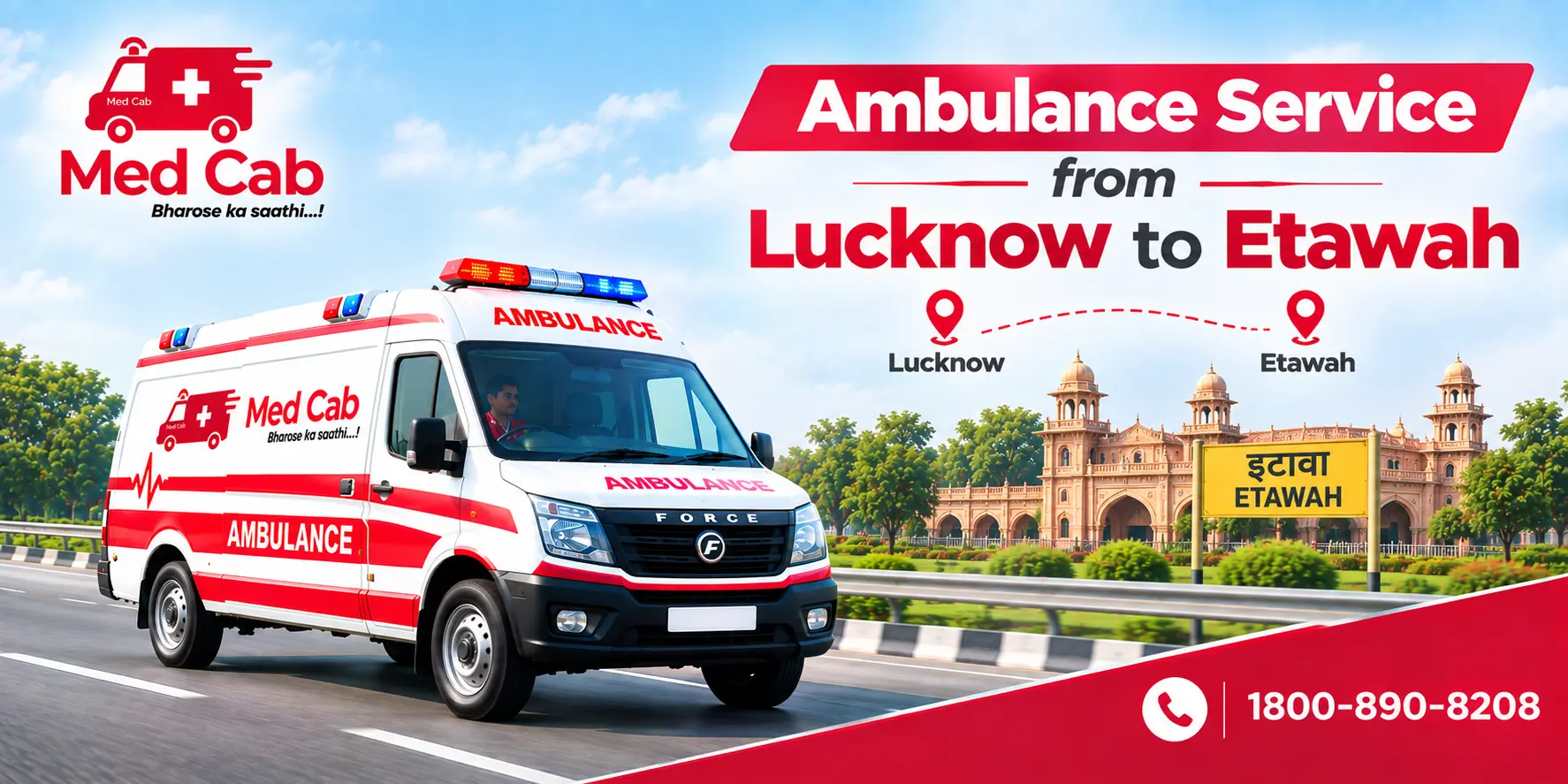 Med Cab banner shows Ambulance Service from Lucknow to Etawah. Image