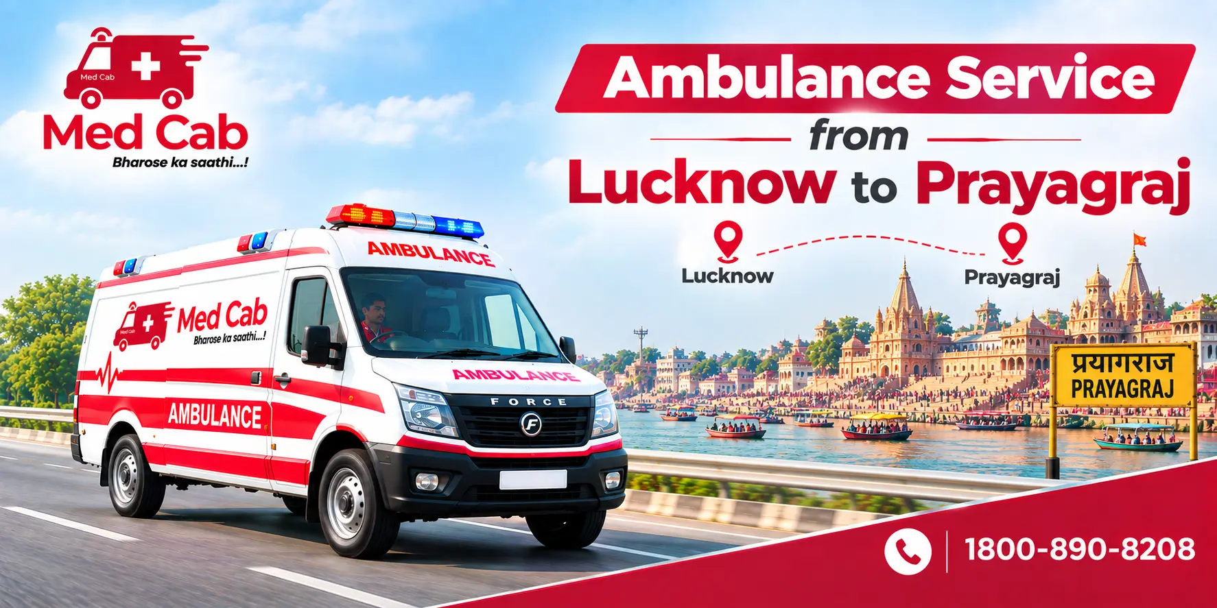 Med Cab banner shows Ambulance Service from Lucknow to Prayagraj. Image