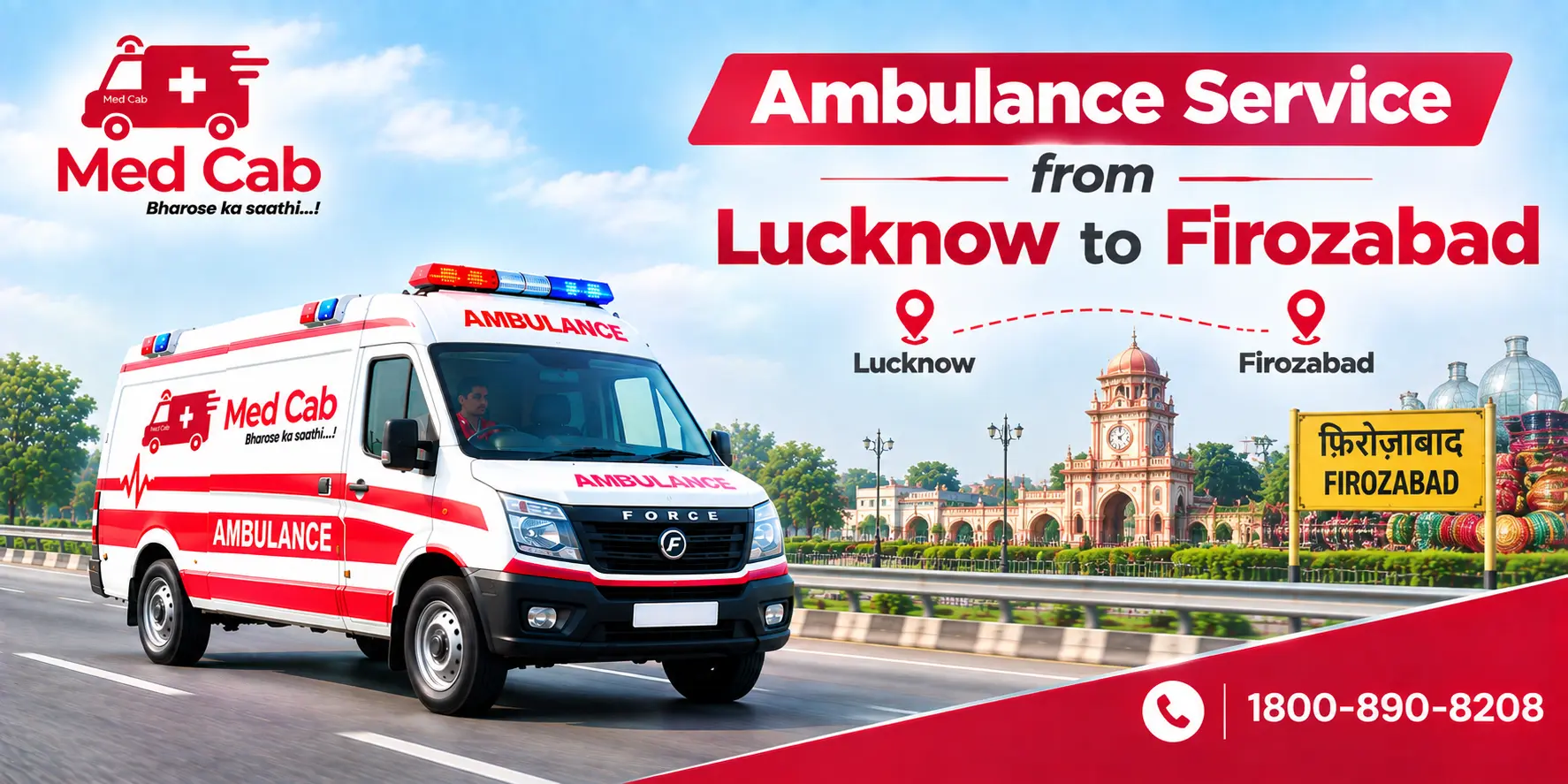 Med Cab banner shows Ambulance Service from Lucknow to Firozabad. Image