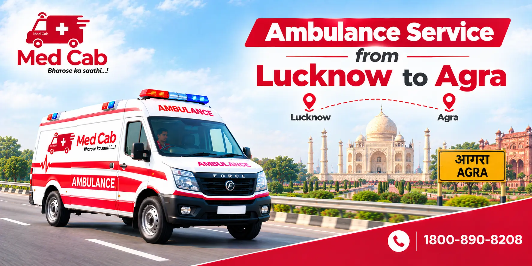 Med Cab banner shows Ambulance Service from Lucknow to Agra. Image
