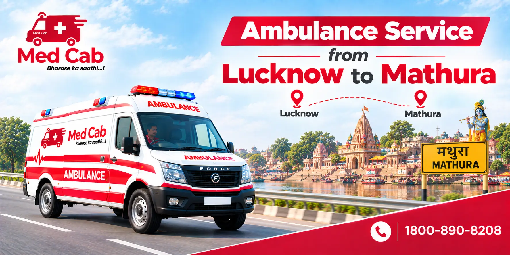 Med Cab banner shows Ambulance Service from Lucknow to Mathura Image