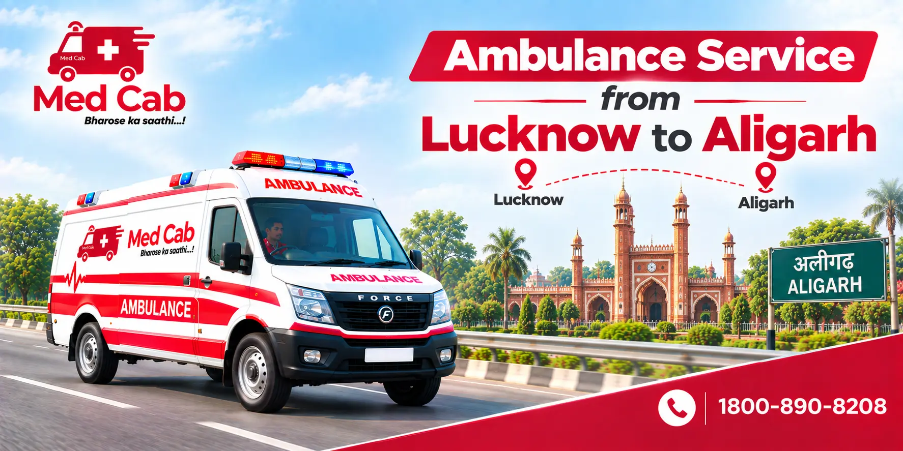 Med Cab banner shows Ambulance Service from Lucknow to Aligarh. Image