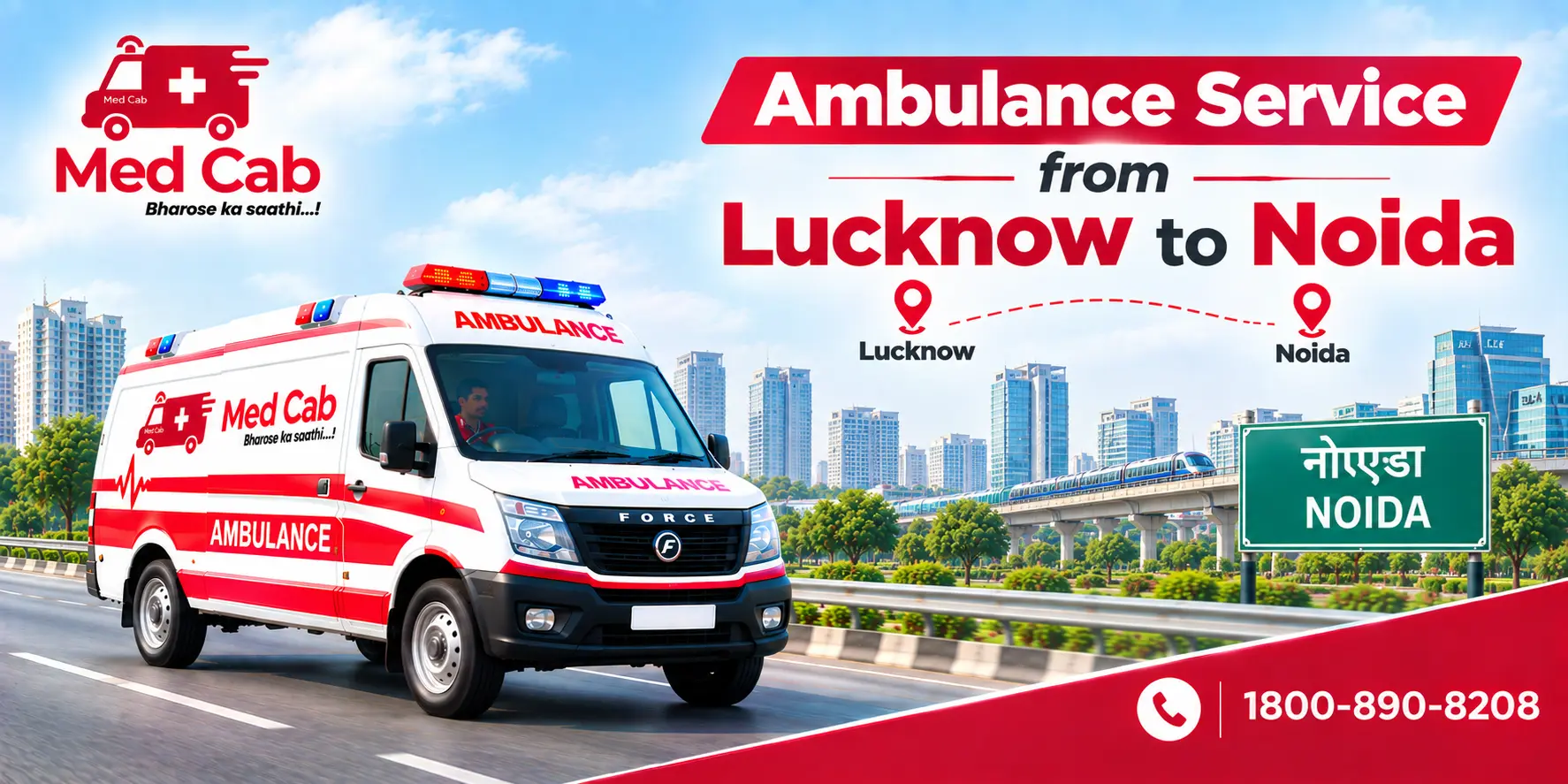 Med Cab banner shows Ambulance Service from Lucknow to Noida. Image