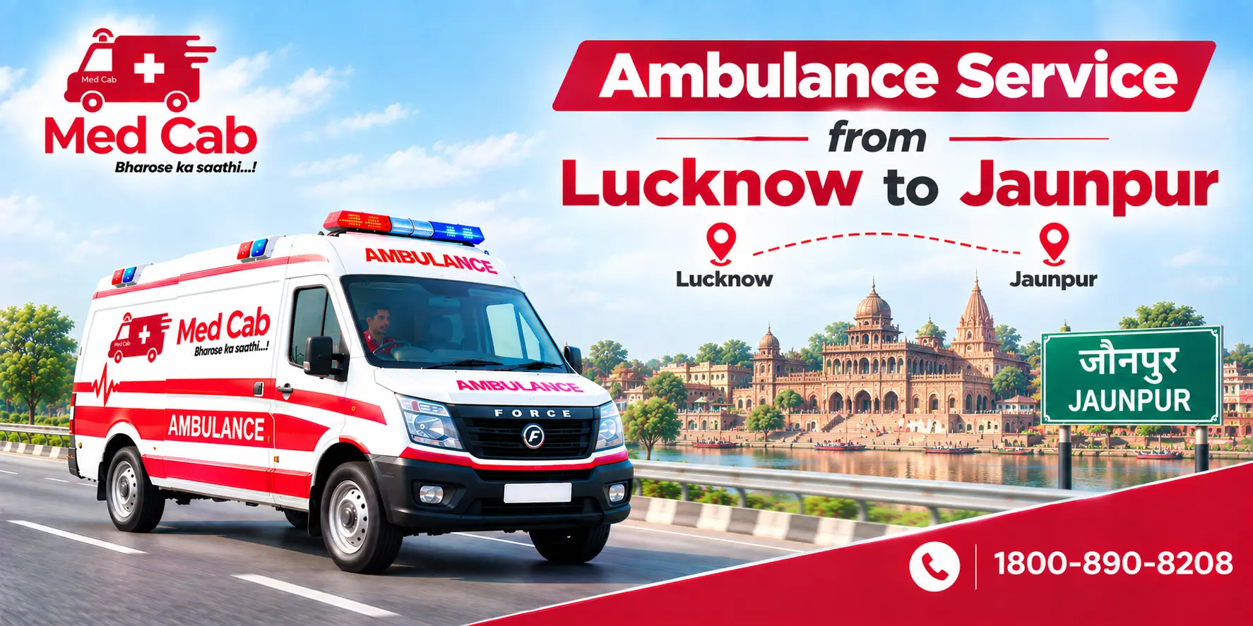 Med Cab banner shows Ambulance Service from Lucknow to Jaunpur. Image