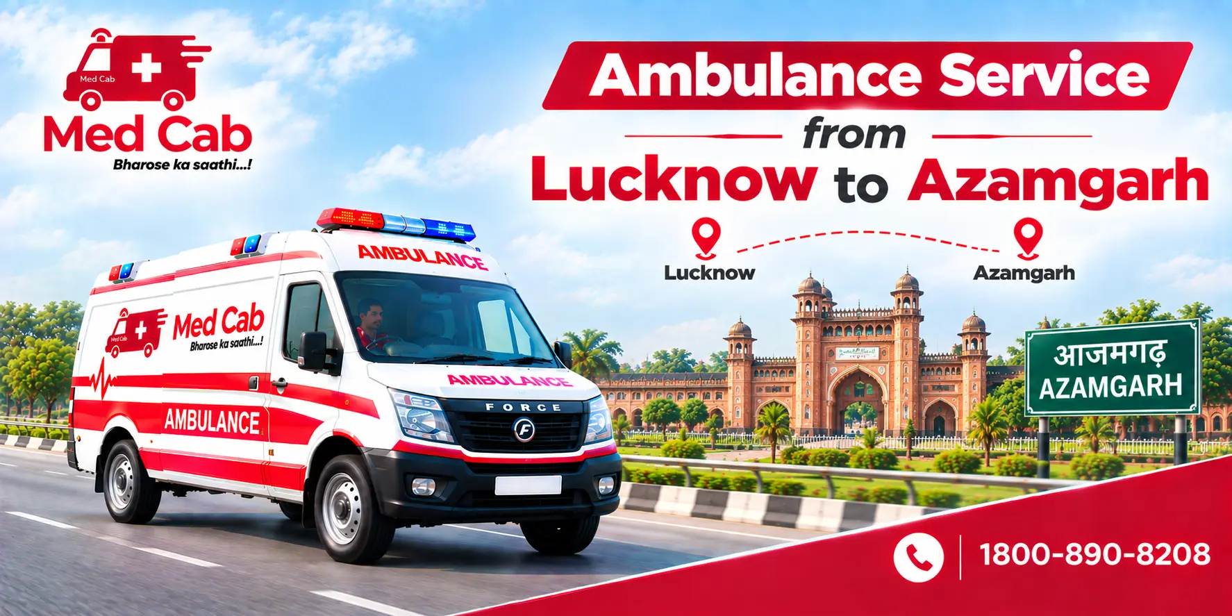 Med Cab banner shows Ambulance Service from Lucknow to Azamgarh. Image