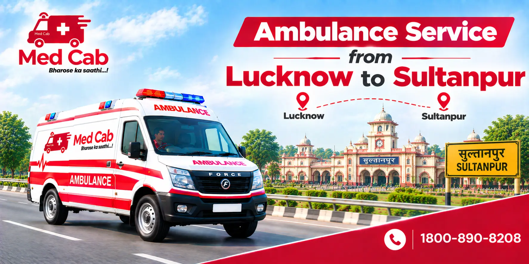 Med Cab banner shows Ambulance Service from Lucknow to Sultanpur. Image