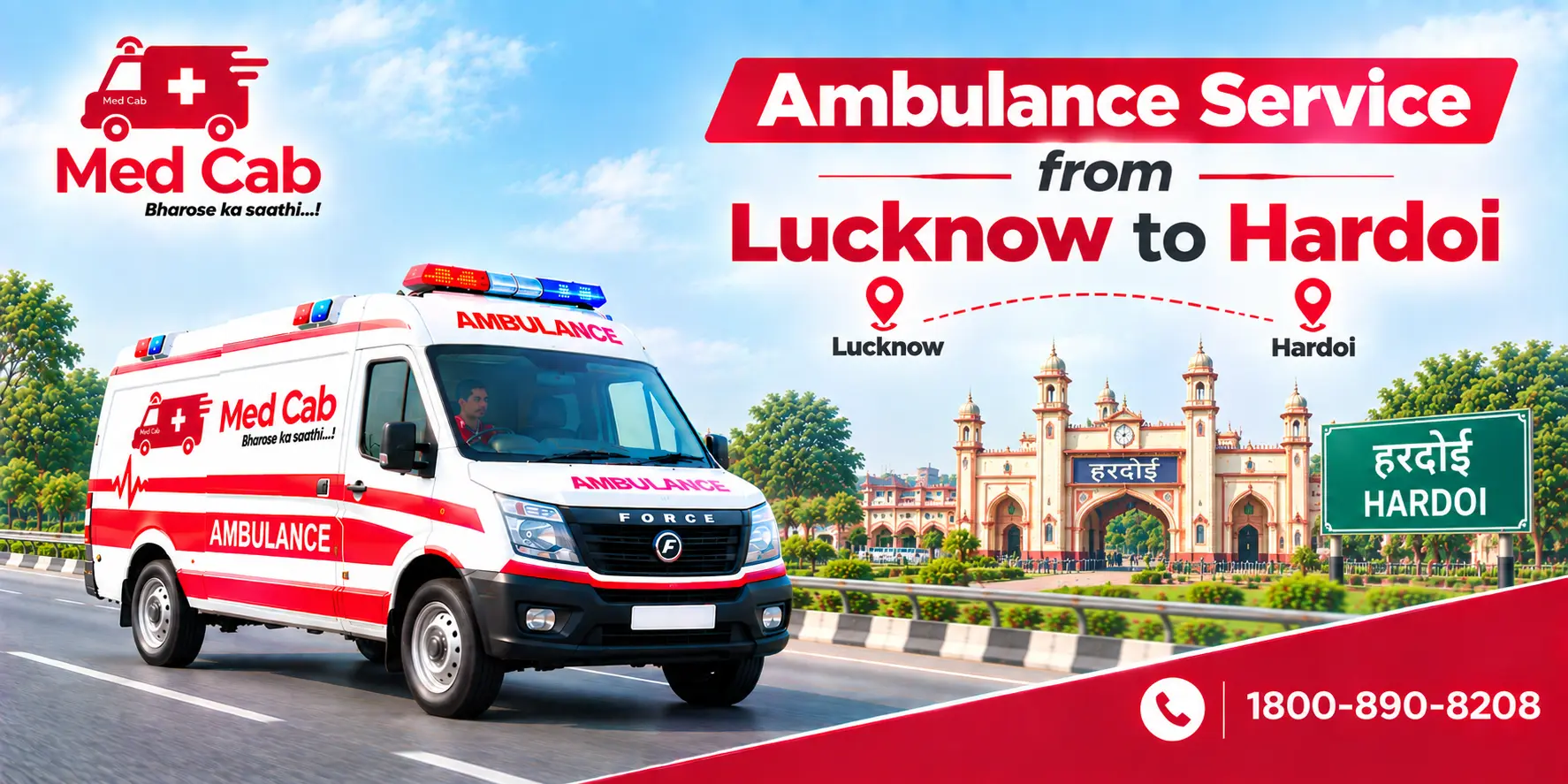 Med Cab banner shows Ambulance Service from Lucknow to Hardoi. Image