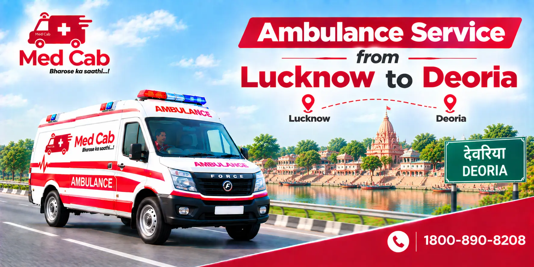 Med Cab banner shows Ambulance Service from Lucknow to Deoria. Image