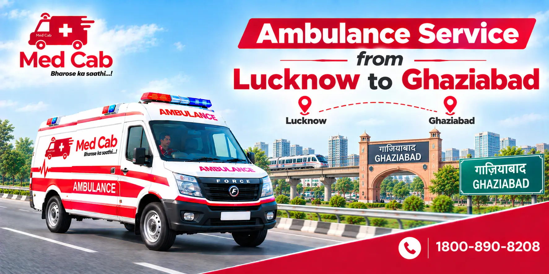 Med Cab banner shows Ambulance Service from Lucknow to Ghaziabad. Image