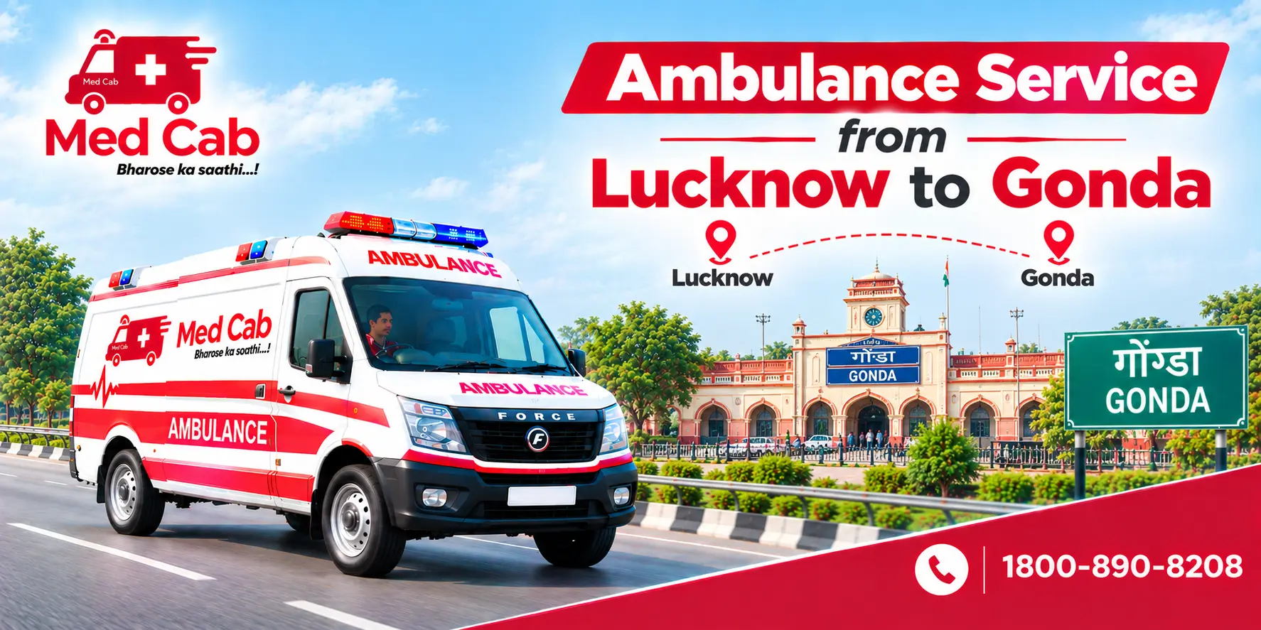 Med Cab banner shows Ambulance Service from Lucknow to Gonda. Image