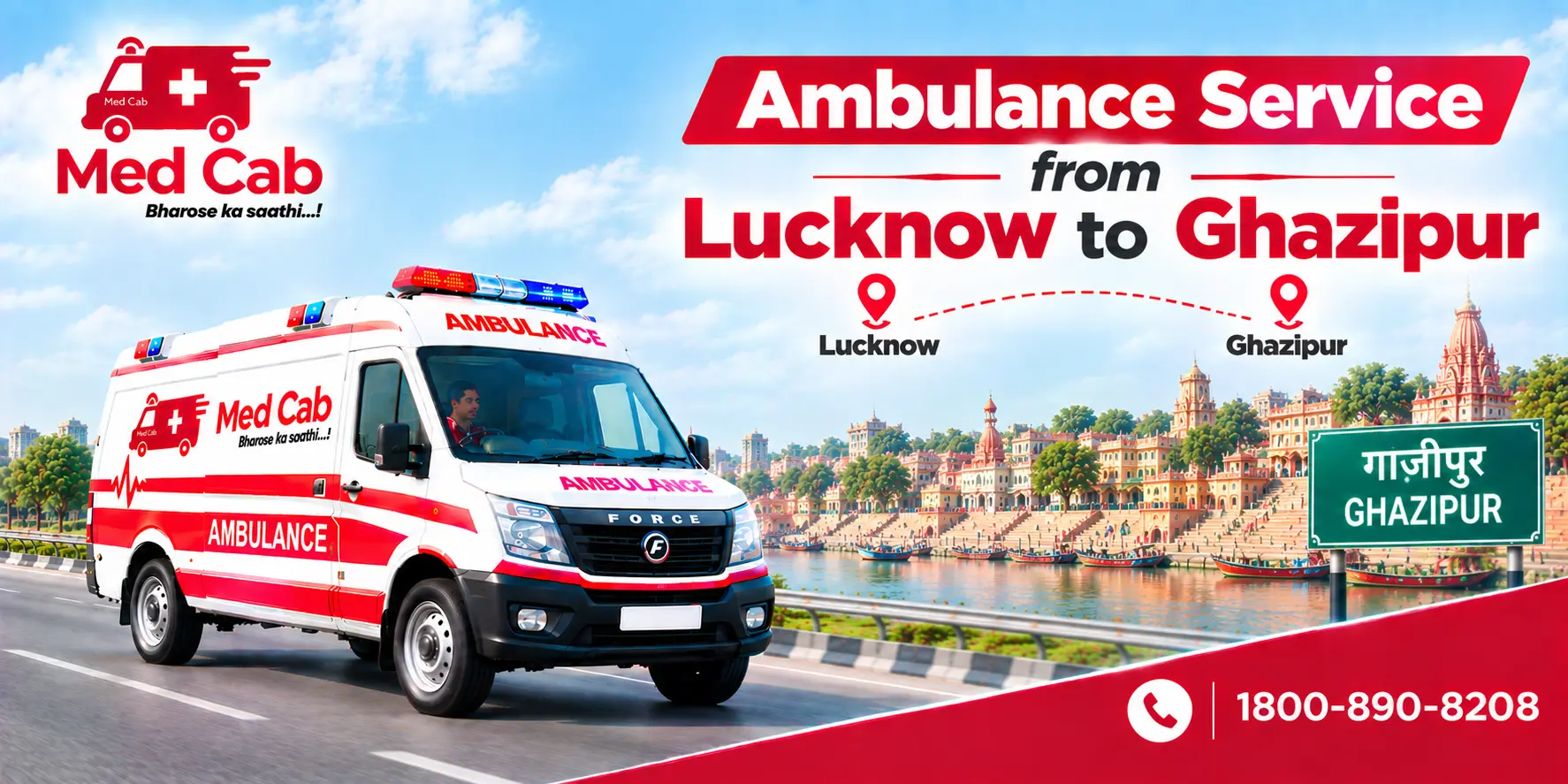 Med Cab banner shows Ambulance Service from Lucknow to Ghazipur. Image
