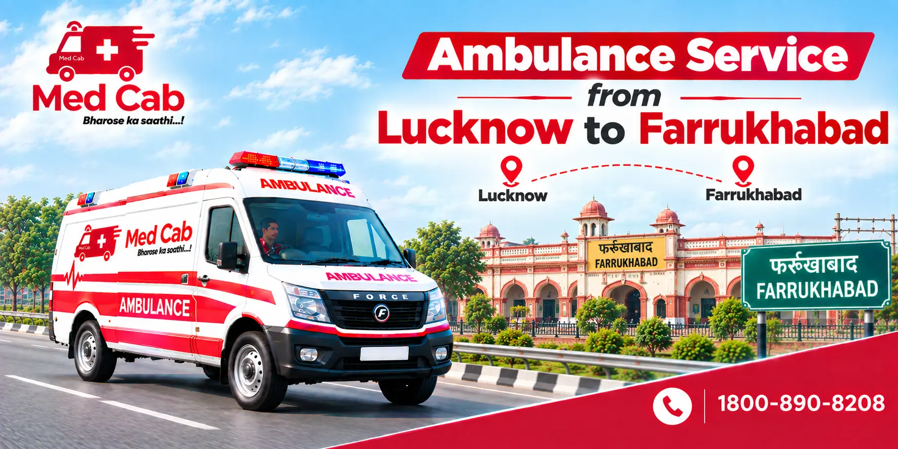 Med Cab banner shows Ambulance Service from Lucknow to Farrukhabad. Image