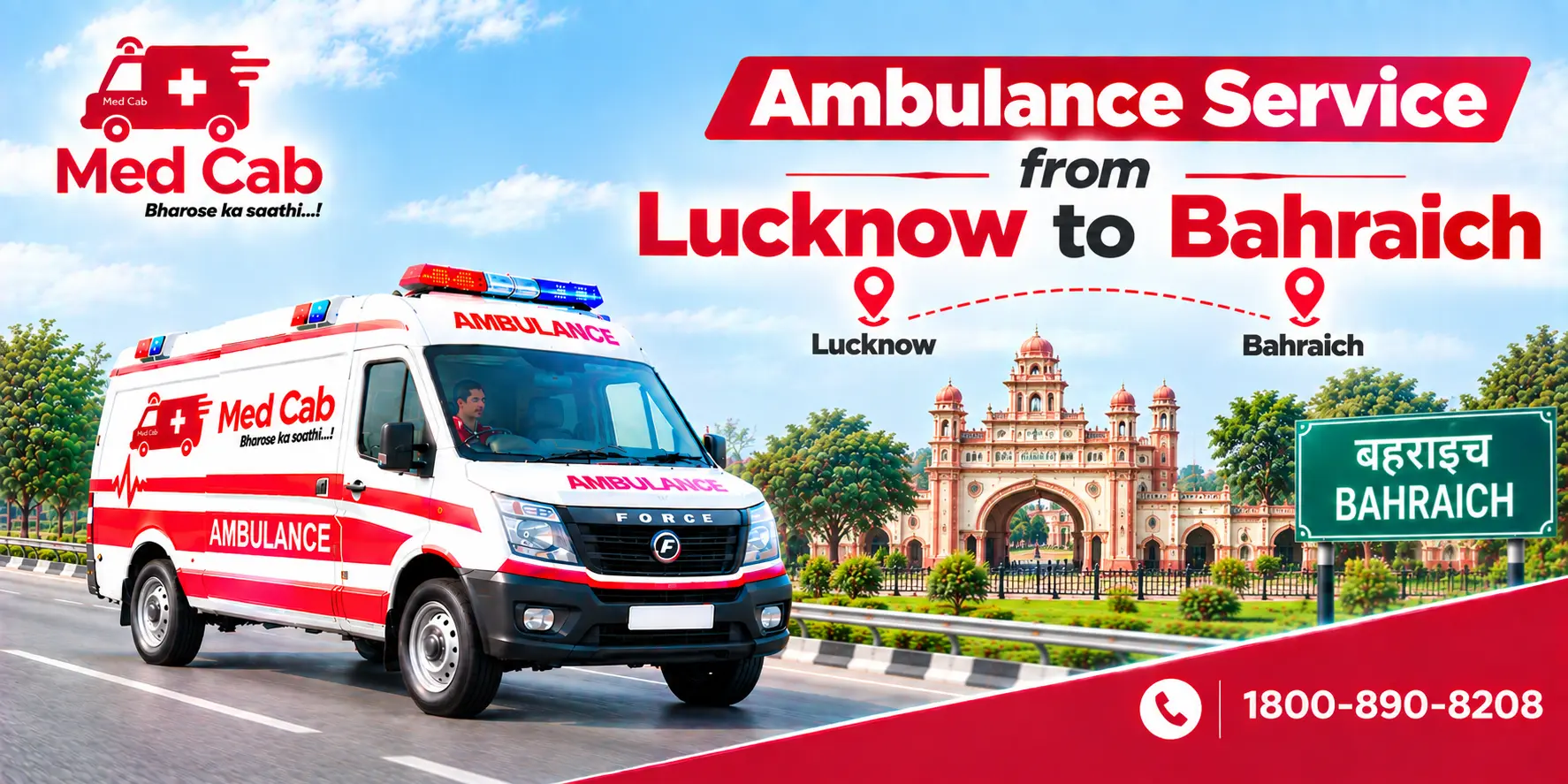 Med Cab banner shows Ambulance Service from Lucknow to Bahraich. Image