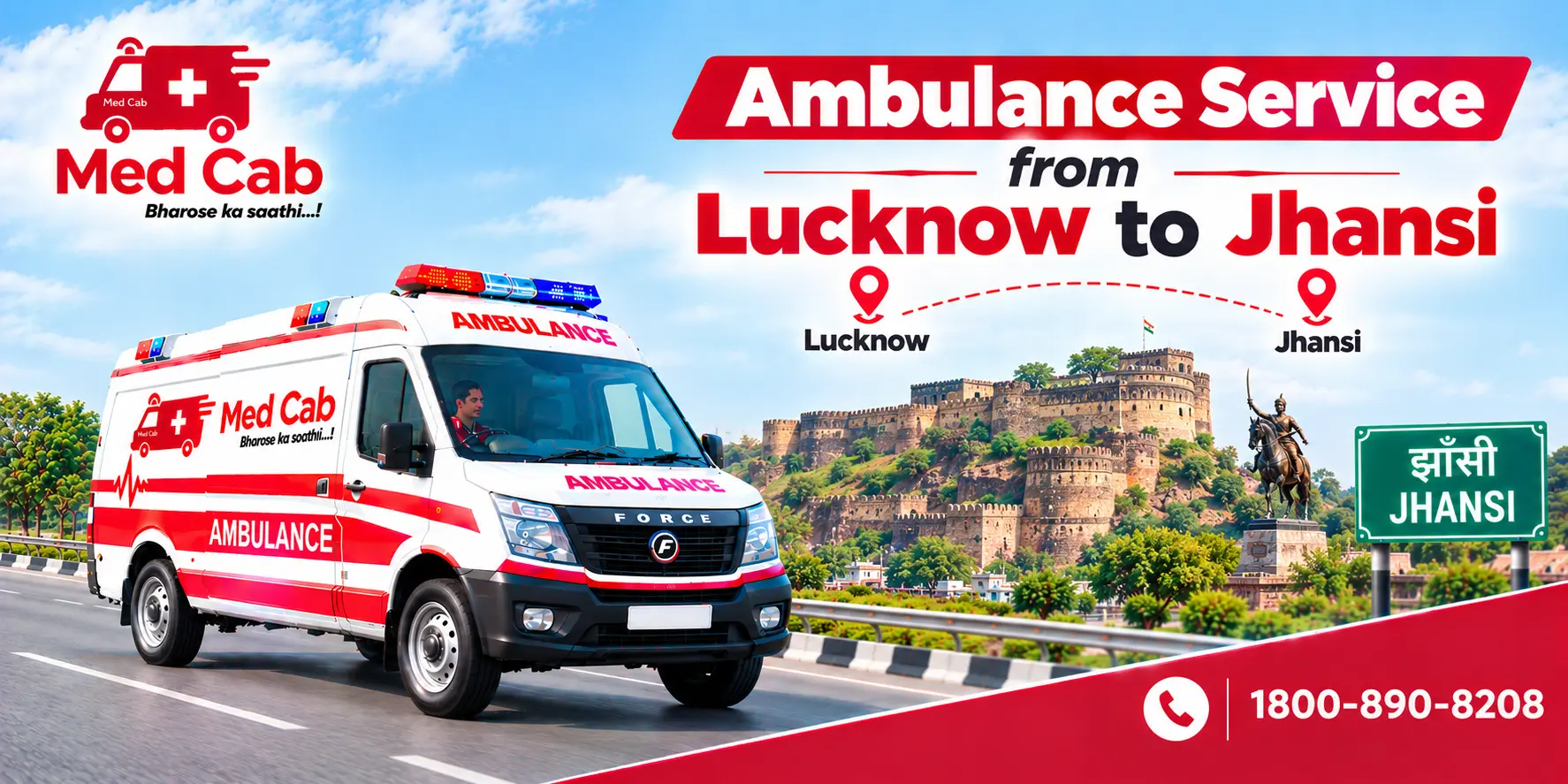 Med Cab banner shows Ambulance Service from Lucknow to Jhansi. Image