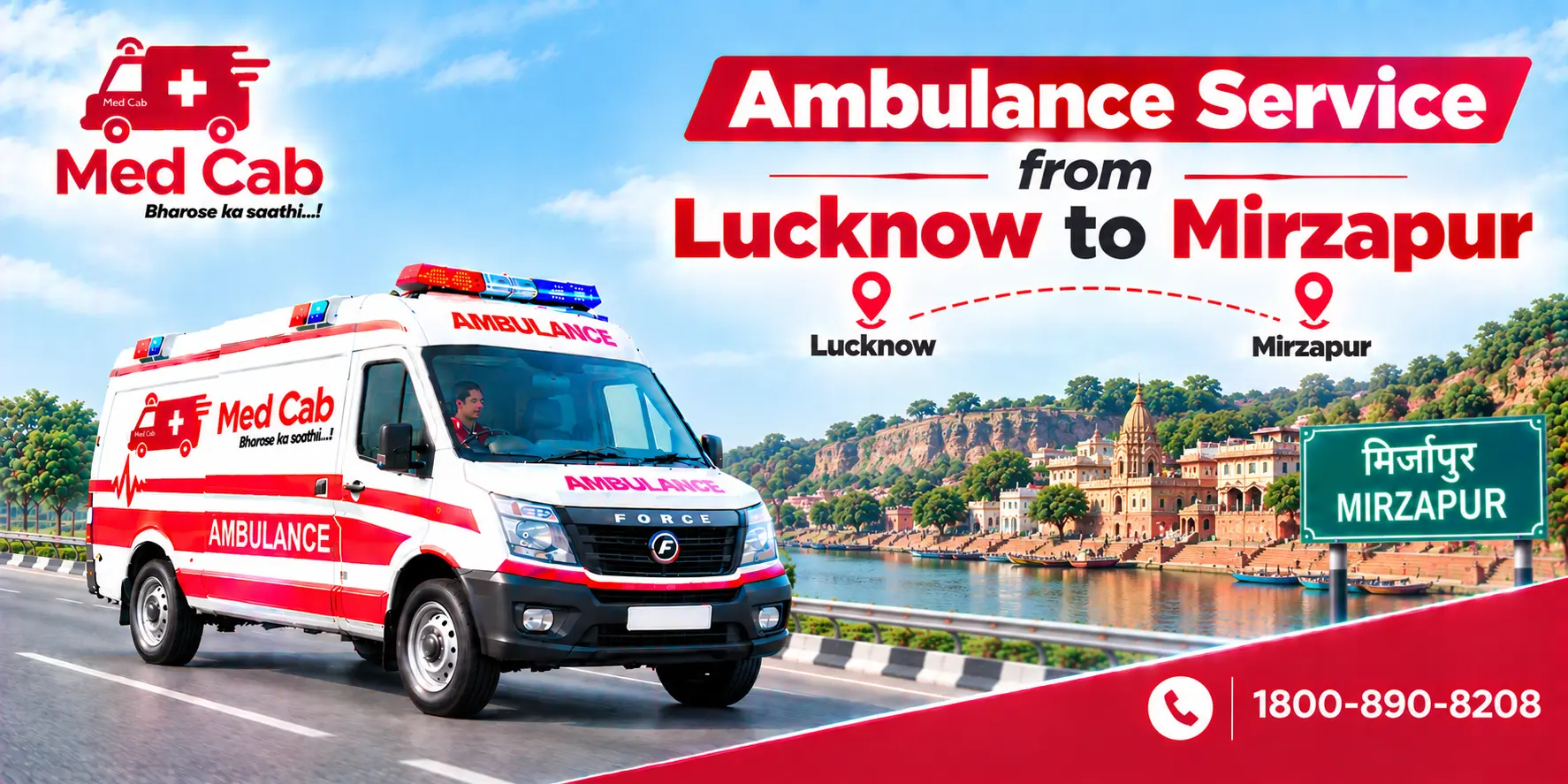Med Cab banner shows Ambulance Service from Lucknow to Mirzapur. Image