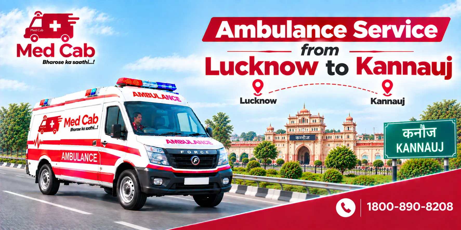 Med Cab banner shows Ambulance Service from Lucknow to Kannauj. Image
