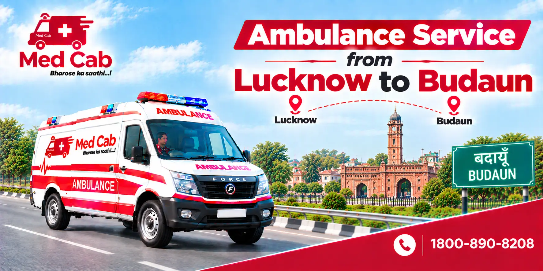 Med Cab banner shows Ambulance Service from Lucknow to Budaun. Image