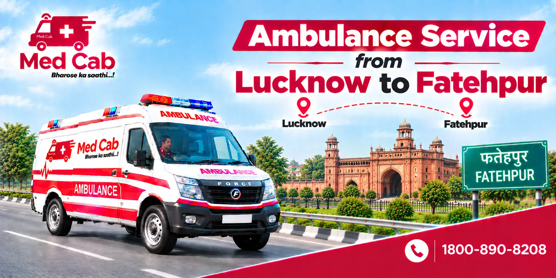 Med Cab banner shows Ambulance Service from Lucknow to Fatehpur. Image