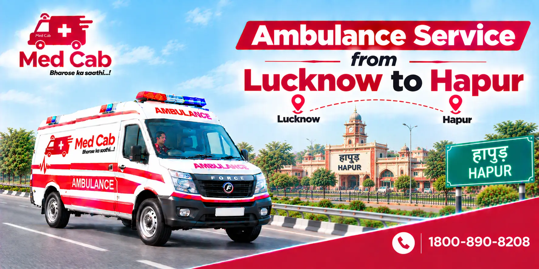 Med Cab banner shows Ambulance Service from Lucknow to Hapur. Image