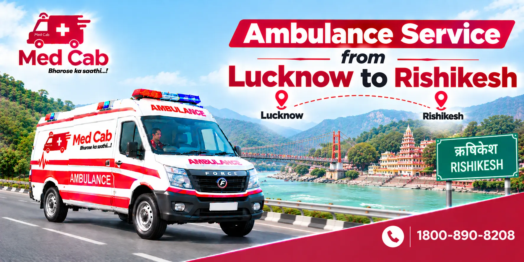 Med Cab banner shows Ambulance Service from Lucknow to Rishikesh. Image