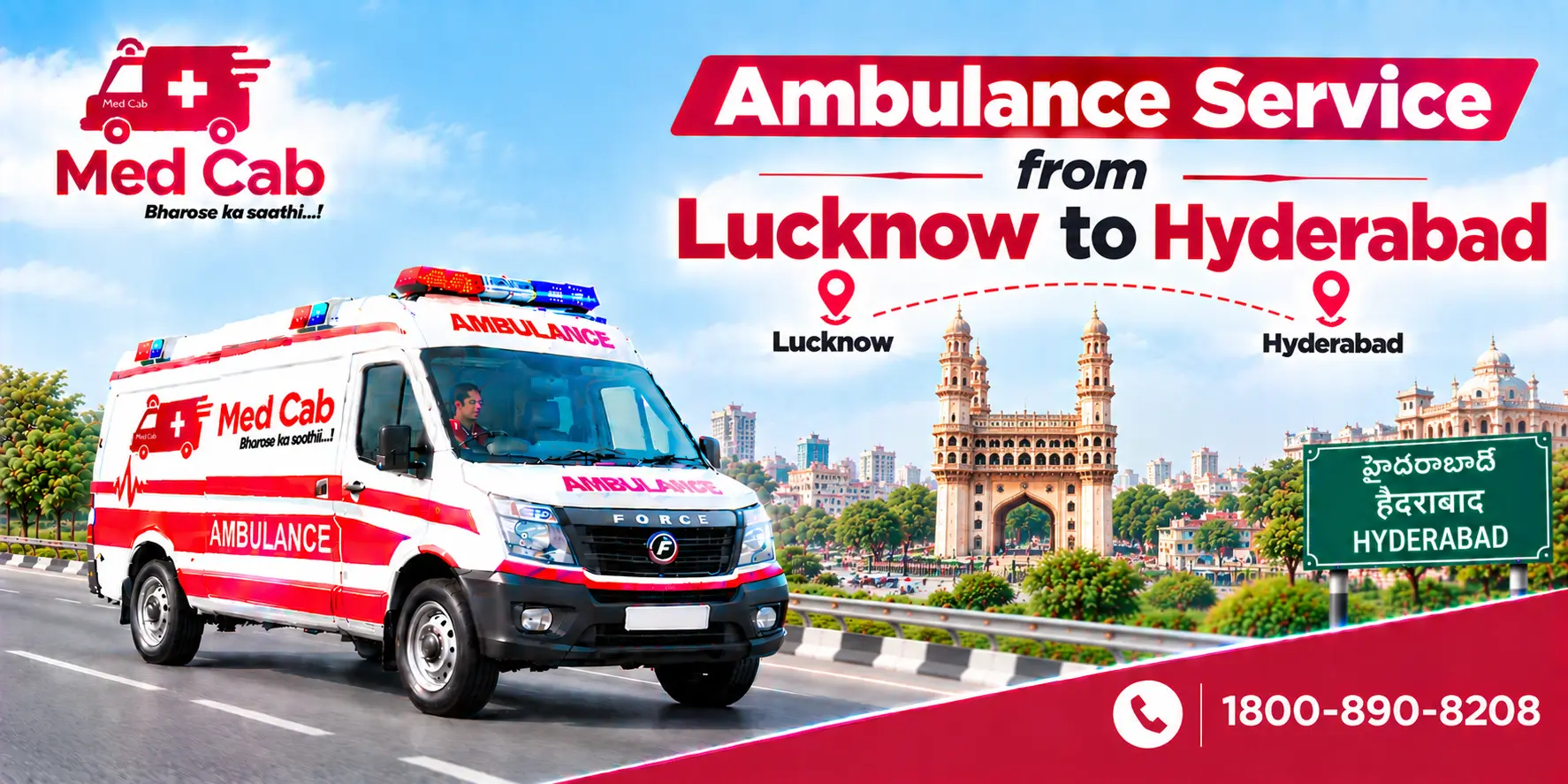 Med Cab banner shows Ambulance Service from Lucknow to Hyderabad. Image