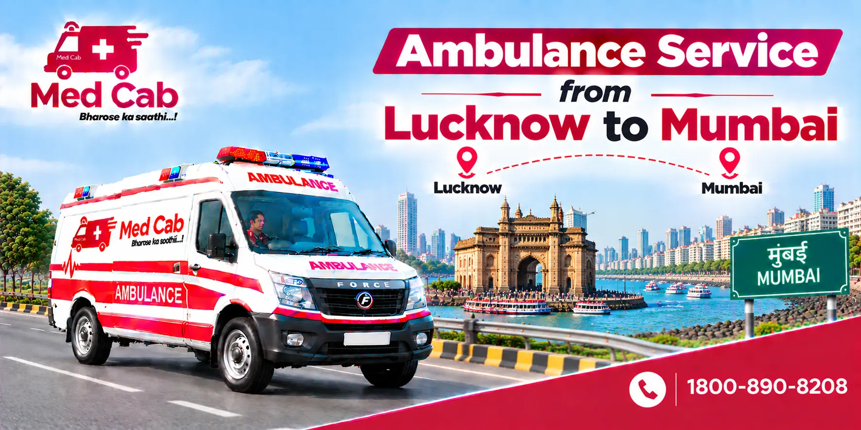 Med Cab banner shows Ambulance Service from Lucknow to Mumbai. Image
