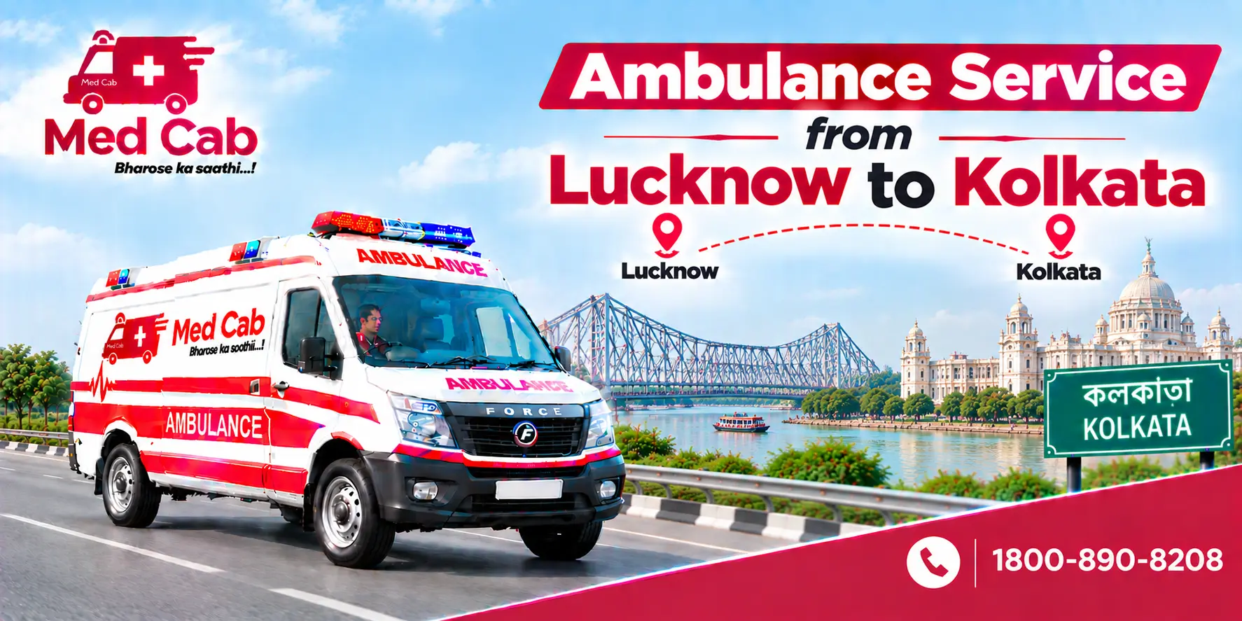 Med Cab banner shows Ambulance Service from Lucknow to Kolkata. Image