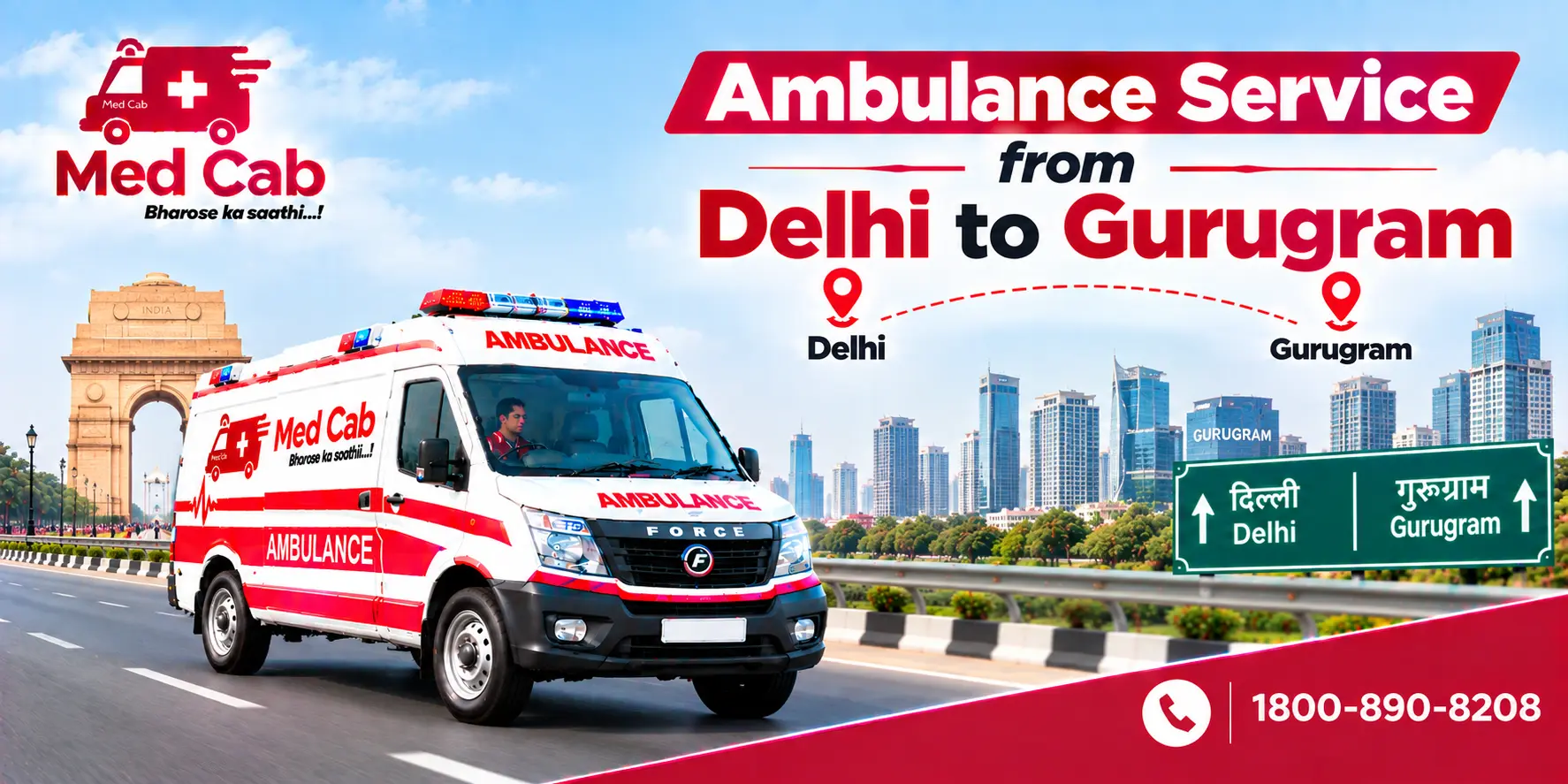 Med Cab banner shows Ambulance Service from Delhi to Gurugram. Image