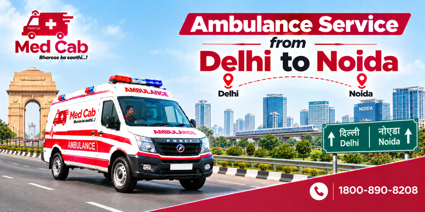 Med Cab banner shows Ambulance Service from Delhi to Noida. Image
